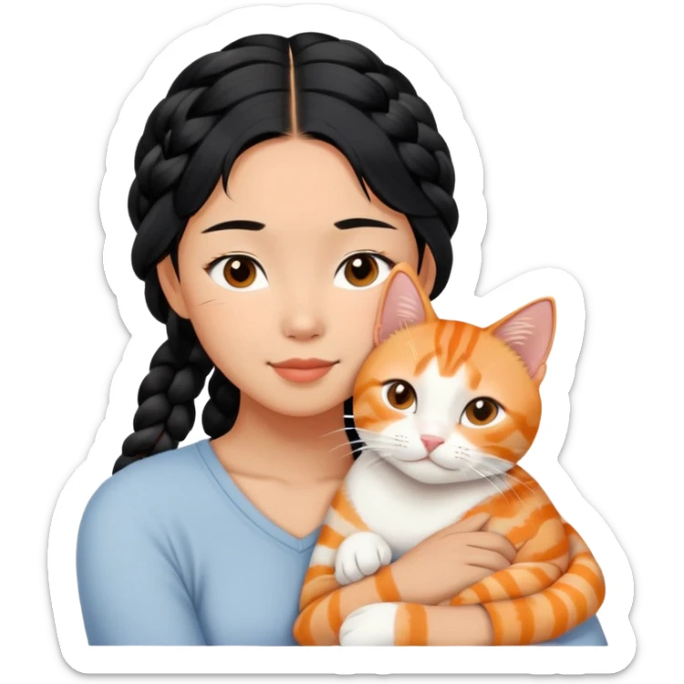 Young Asian woman with braided black hair cuddling a white and orange tabby cat, gentle embrace, affectionate pose sticker