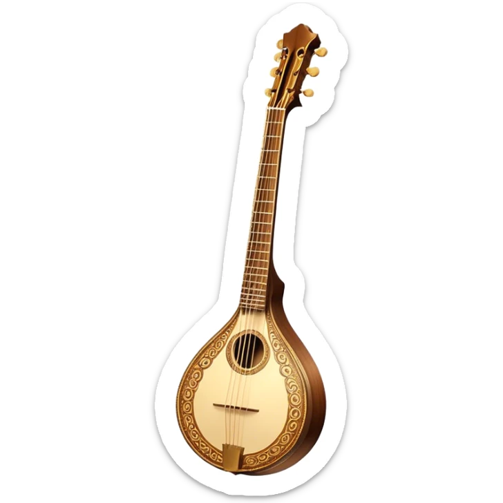 Bouzouki – Cinematic Realistic Bouzouki, depicted as a beautifully crafted Greek string instrument with a long neck and ornate fretwork, its polished wooden body reflecting warm golden light, set on a rustic background with soft shadows that evoke traditional Mediterranean music. sticker
