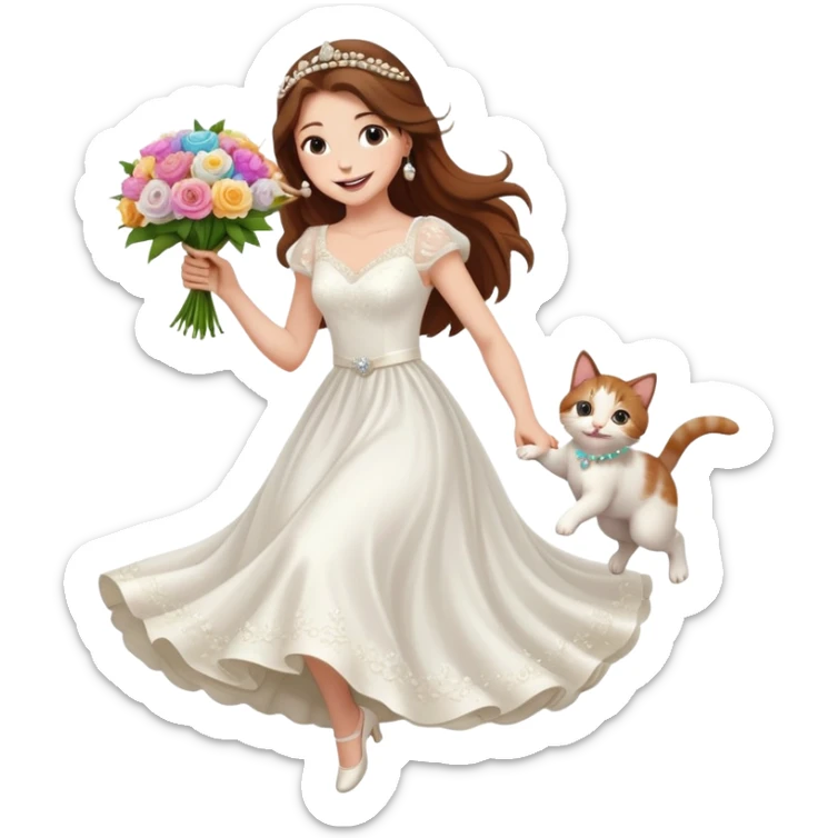 White woman - long hair - white wedding dress - holding a kitten - happy - jumping - fashionable - elegant - bouquet - dreamy - colorful - pearl accessories sticker