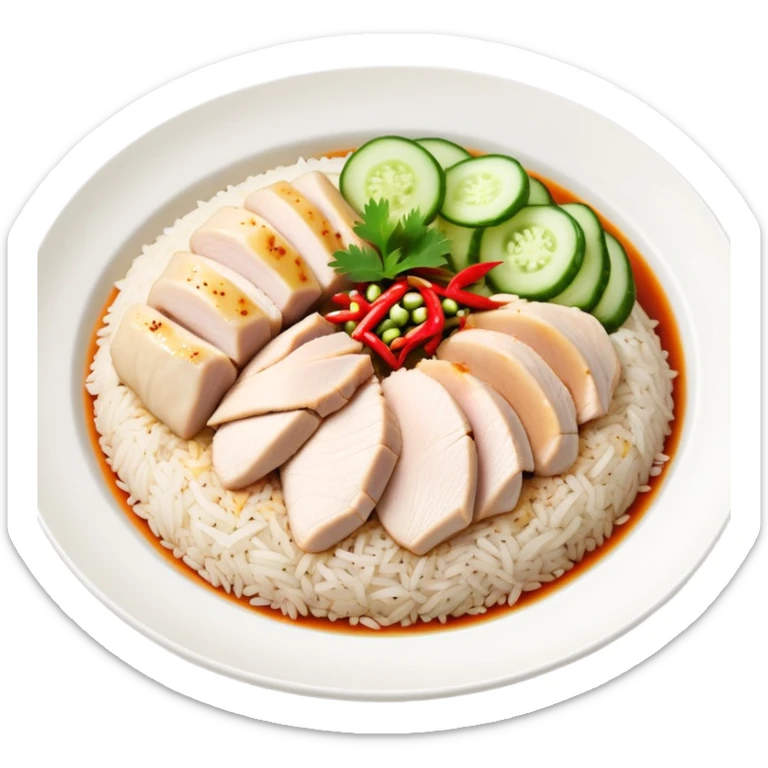 Singapore Hainanese chicken rice with sliced chicken, fragrant rice, cucumber and chili sauce sticker