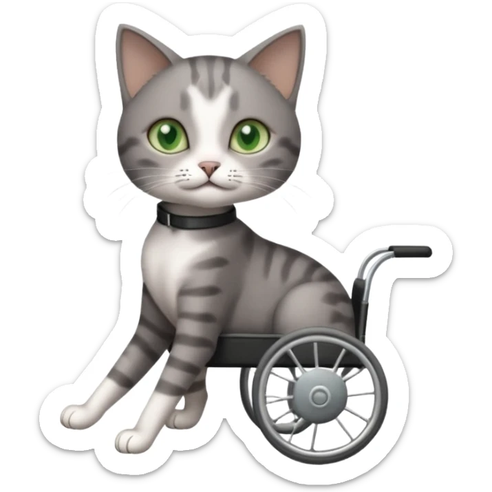 full body small short hair dark grey and white cat with green eyes walking in a wheelchair for cats sticker