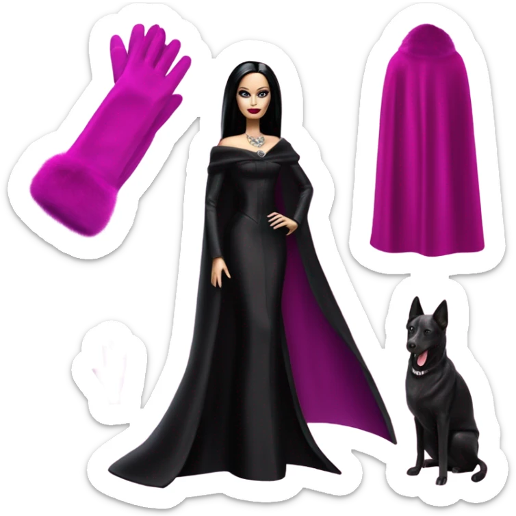 Fucshia ‘n Fur Barbie, Morticia Addams, cape,veil,funeralwear,showing off, show full body,accessories coat gloves  sticker