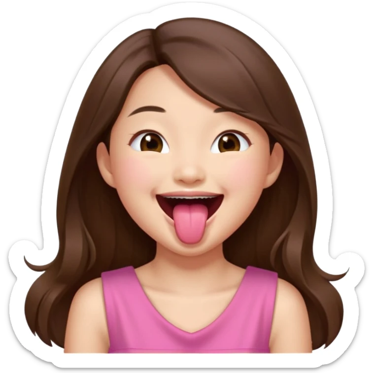asian girl with long brown hair and fair skin wearing pink dress laughing while sticking tongue out sticker