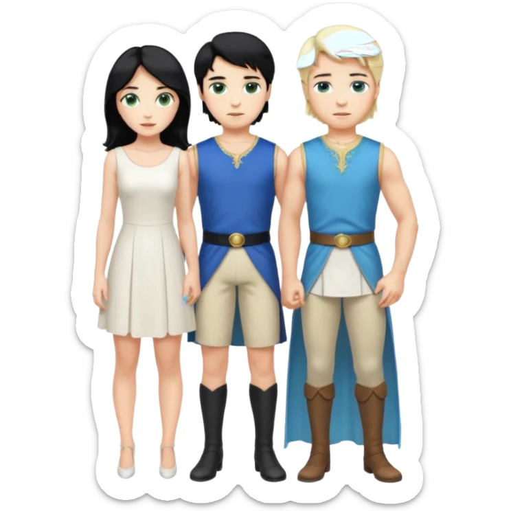 prince, standing upright, black Hair, blue eyes, garment, and woman, bending knee, sleveless white dress, blonde hair, green eyes, sticker