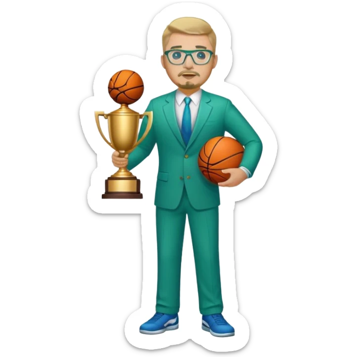 Full Body white fat male  wearing glasses with a goatee with dirty blond very short hair basketball head Coach in blue and green suit holding trophy sticker