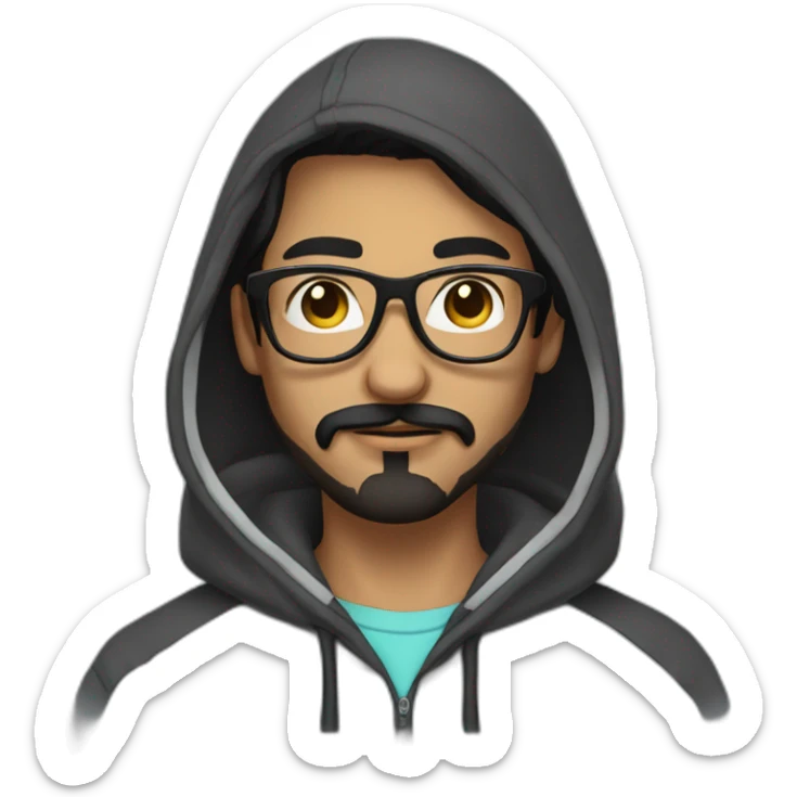 Young man with black hair moustache and beard wearing a hoodie and glasses sticker