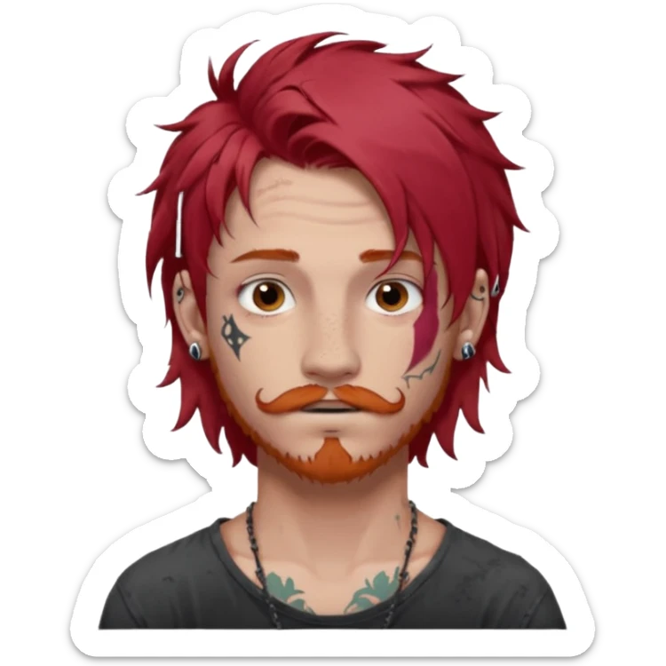 generate an ios genmoji of a 20 year old boy with shoulder length hair messy very messy dyed red hair. ear piercings. a lot of tattoos. and a faint stubble mustache sticker