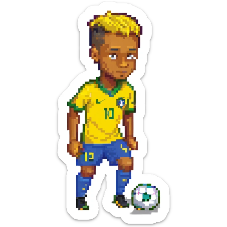 Neymar Jr. in pixel art style, dribbling a soccer ball, wearing Brazil's yellow kit, signature haircut, simple background sticker