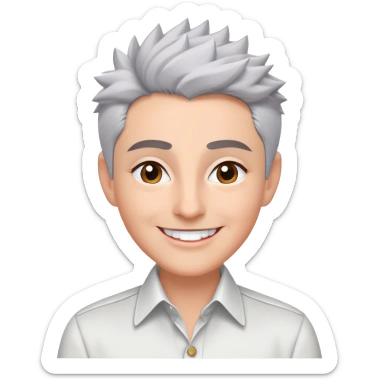 Close-up portrait of Marian Pabón with defined facial structure, light pinkish skin, almond eyes, arched eyebrows, charismatic wide smile, short spiky gray hair, wearing a formal white buttoned shirt sticker