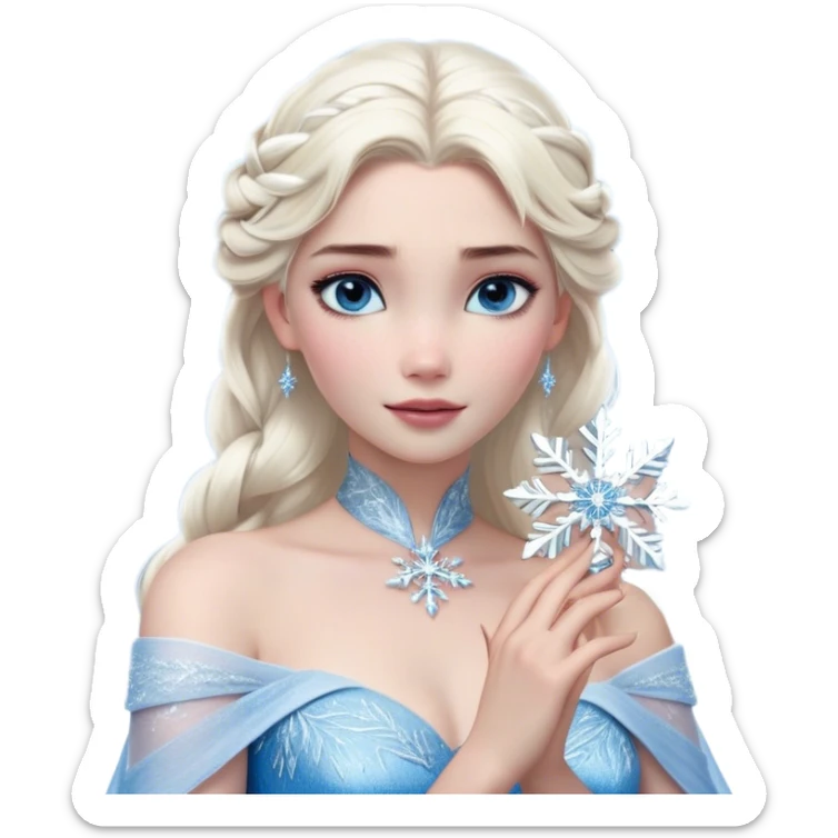 Cinematic Realistic Elsa Portrait, depicted with lifelike skin texture, soft natural lighting, and intricately detailed platinum blonde hair styled elegantly. Her striking, expressive blue eyes exude confidence and grace, complemented by a serene and regal expression. She holds a shimmering snowflake delicately in one hand, her other hand resting against her gown, embodying the power and beauty of winter. She is dressed in her signature icy attire, with shimmering fabric textures and delicate folds that catch the light beautifully. The portrait features a soft, enchanting glow with a cool, radiant finish, capturing the essence of timeless elegance in a realistic and painterly style. sticker