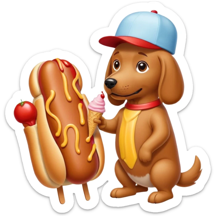 Make me a dog with a hot dog body suit a ketchup hat and he is eating ice cream while being pet by owner sticker