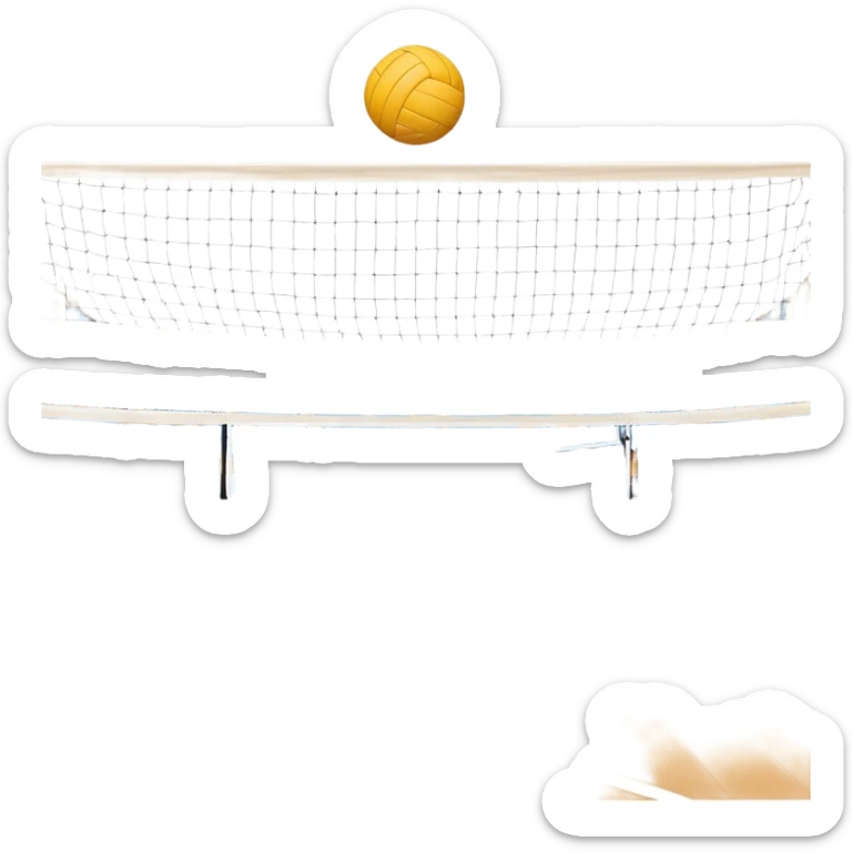 A close-up of a volleyball on the court, with the net in focus and the court markings visible. The background shows the stands filled with spectators, creating an energetic atmosphere of a volleyball match, with attention to detail on the equipment and the surrounding environment. sticker