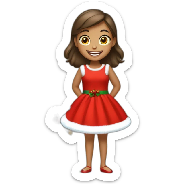 happy girl with red cristmas dress and gifts under cristmas tree sticker