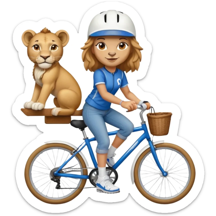 friendly anthropomorphised female lion wearing a baseball shirt, jeans, trainers, and a cycling helmet, cycling a bike sticker