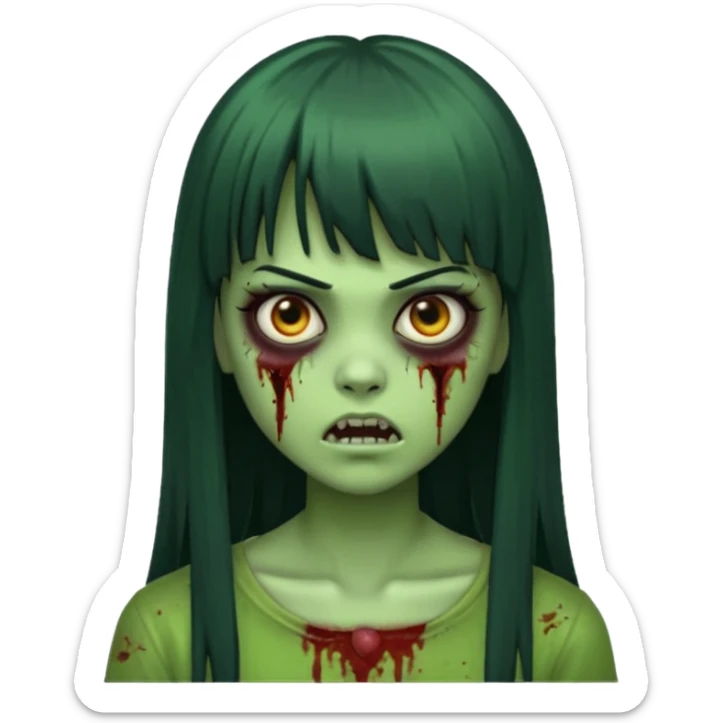 Faça uma menina de cabelo liso preto com franja zumbi cabelo longo 🧟‍♀️ faça ela assim faça ela verde com cara mais assustadora sticker