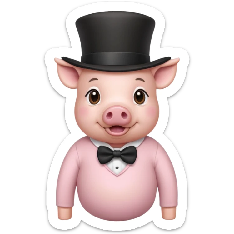 Pig wearing a long sleeve tshirt, baby pink, with the print ’suiade’ and a top hat sticker