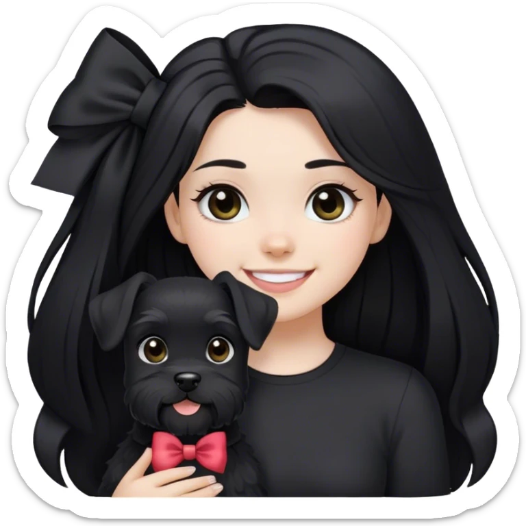pale girl smiling with light eyes and long black hair wearing black shirt with bow and smiling black schnauzer  sticker