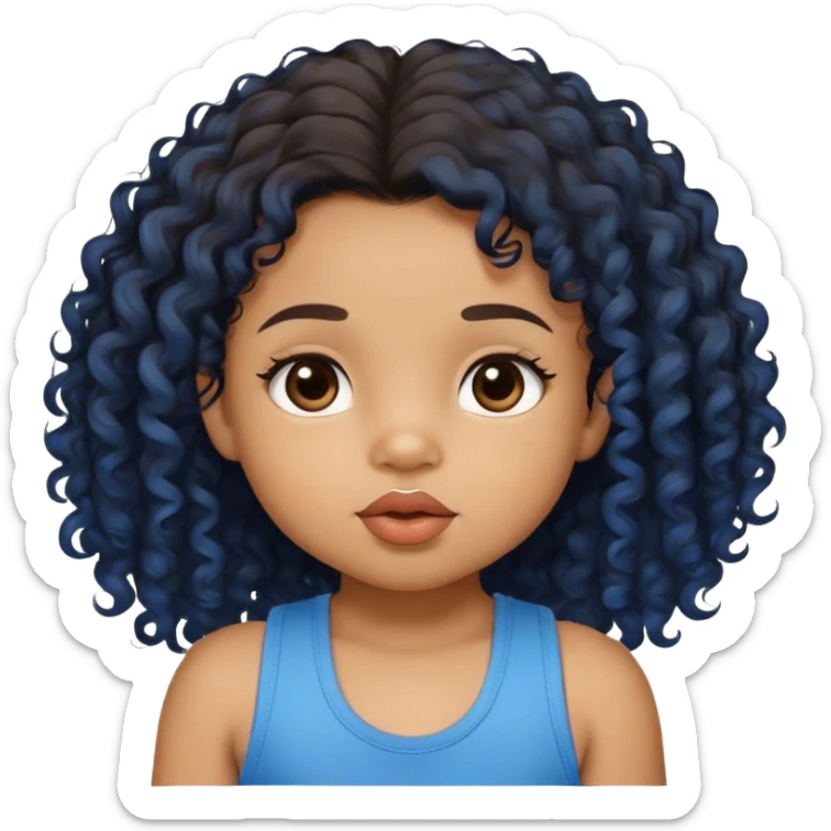 light brown skin tone, very adorable toddler, with big plump lips, long long lashes, black curly hair, middle hair parting, brown eyes, blue tank top sticker