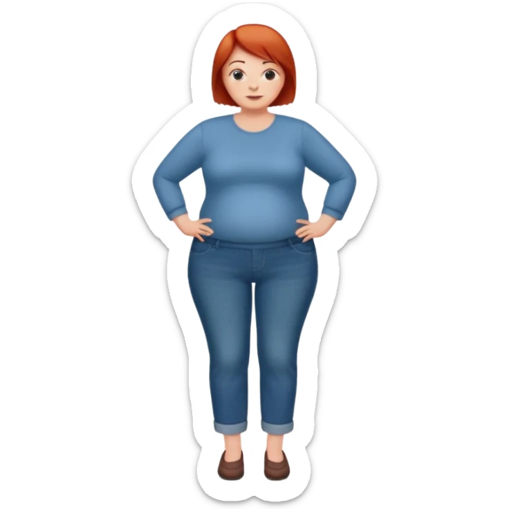 Lazy old Short woman with straight short red hair and fat tummy..wears business casual jeams and full sleeve  tshirt sticker