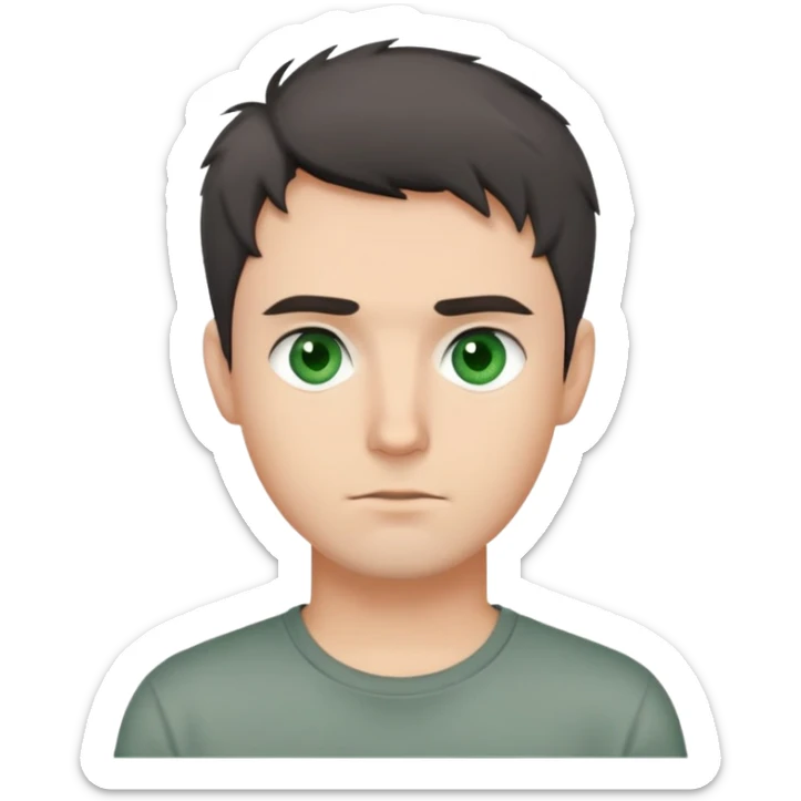 man with dark messy short hair, dark green eyes, wearing a gray t-shirt sticker