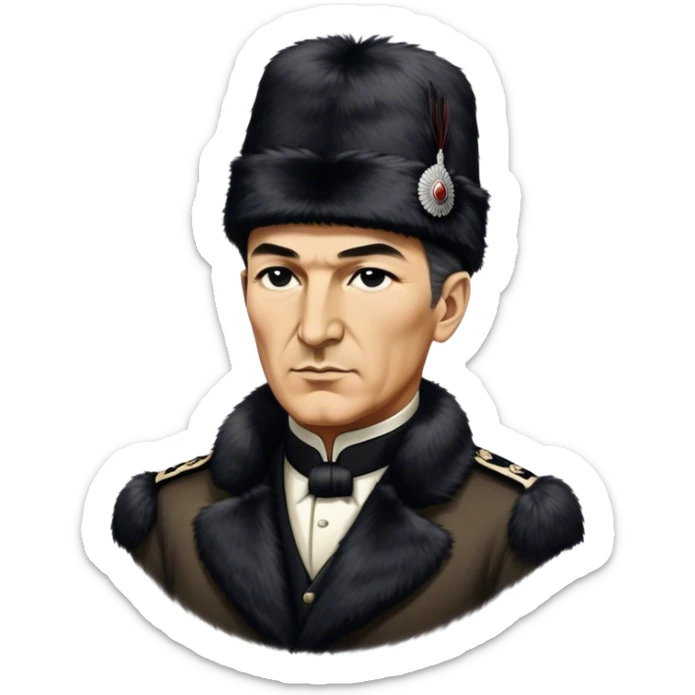 ​Cinematic Realistic Portrait of a Young Mustafa Kemal Atatürk, depicted wearing an iconic tall black fur hat along with traditional attire, his confident, visionary expression illuminated by warm, inspiring lighting, rendered with rich historical textures that capture his youthful dynamism and transformative leadership, sticker