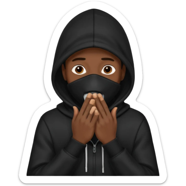fait un homme avec une cagoule noir qui couvre sa tête, ses mains doivent être sur sa bouche comme si il se la cachait  sticker