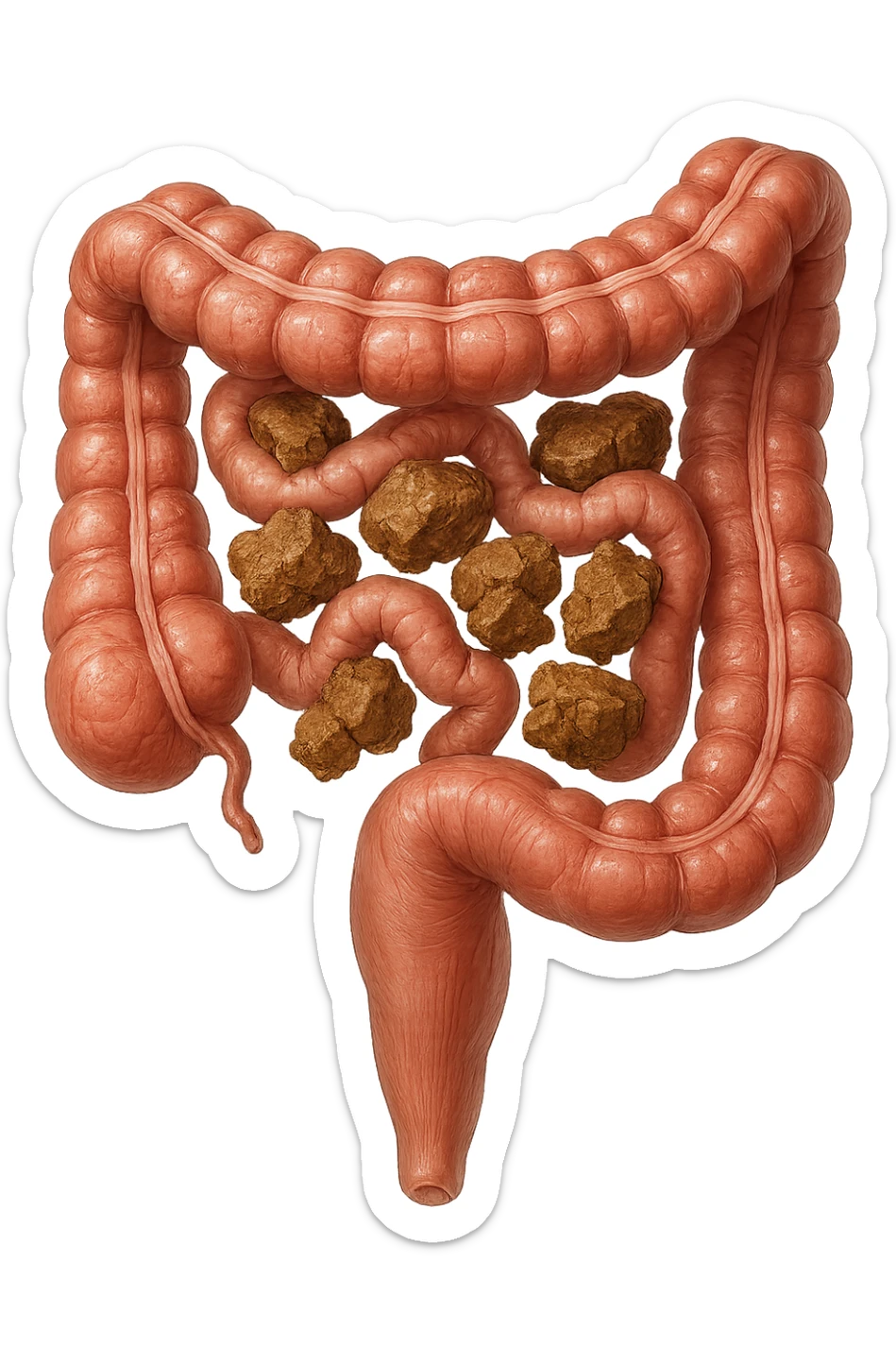 intestino umano anatomico realistico con feci spezzettate iperrealistiche sotto sticker