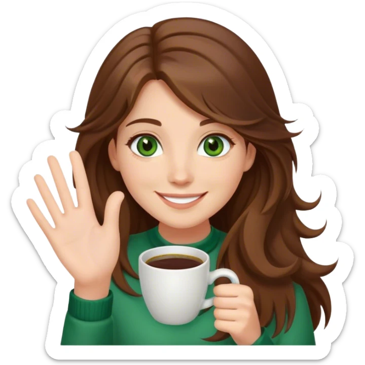 Long, Brown haired girl with middle hair part, with green eyes, smiling, waving with one hand, coffee mug in the other sticker