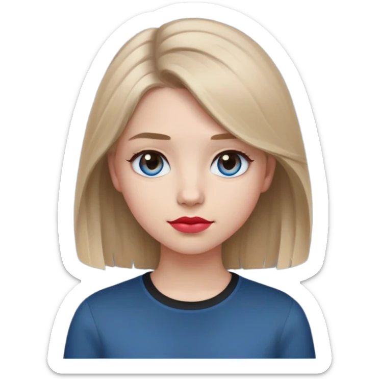 Emoji teenage girl, ash darker almost brown blonde hair, blue eyes, black shirt, hair a little longer than over shoulders, red pinkish lips, blue grey eyes sticker