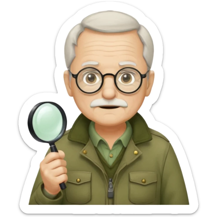 old man in beige moss green explorer outfit, wear black glass, hat, holding magnifying glass sticker