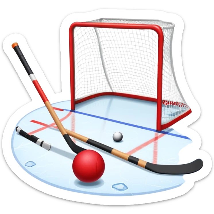 A red ball and hockey stick resting on an ice rink, with the goalposts and clear markings in the background. The scene captures the unique nature of field hockey with a ball on ice, emphasizing the speed and precision of the sport in a cold, competitive atmosphere. sticker