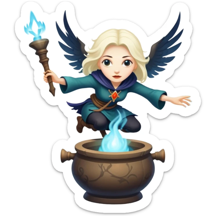 Baba Yaga sorceress woman flying in a mortar, magical aura sticker