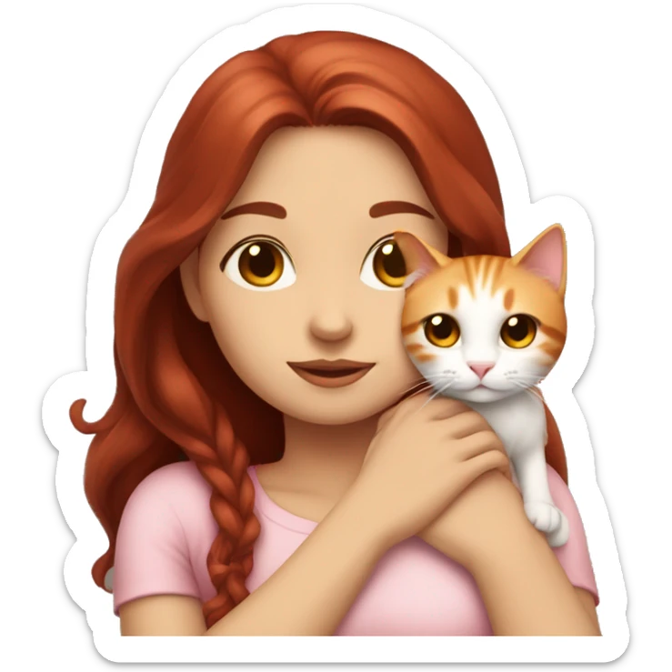 girl with long very dark red hair and dark brown eyes and light pink outfit hugging a white & ginger cat  sticker