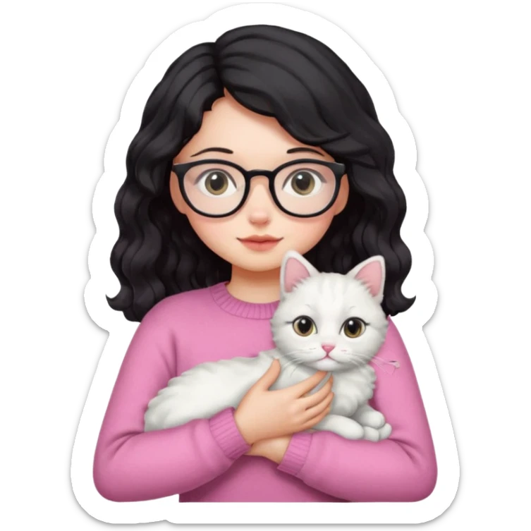 a girl with a black wavey hair, wearing a pink sweater and glasses, holding a cute white cat, only upper body sticker