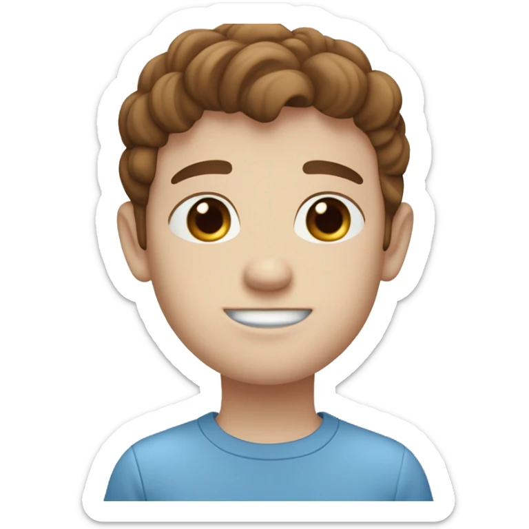 A boy With brown hair, blue eyes white skin a blue shirt, freckles, and a mouth ￼￼ sticker