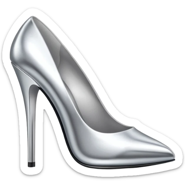 A pair of high heel shoes emoji made of polished silver chrome, elegant sharp silhouette, smooth metallic surface, glossy reflections, luxury sexy vibe, minimalistic iOS emoji style, centered, clean white background sticker