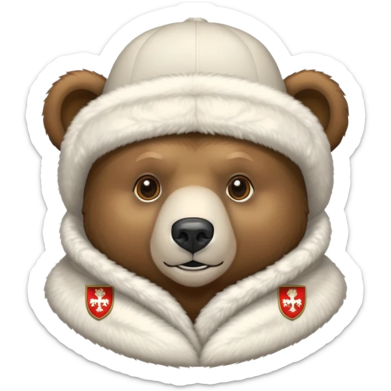 Just the head of a bear wearing white ushanka hat with detailed Russian coat of arms emblem centered on hat, iOS emoji style sticker