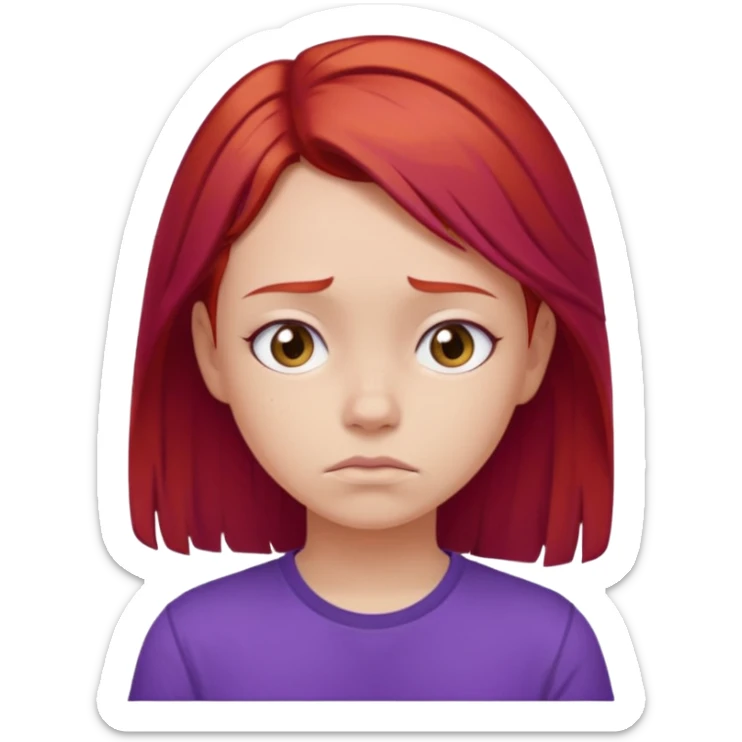 Young girl with red hair, wearing a purple T-shirt, with a sad face. sticker