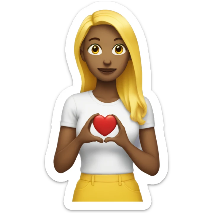 yellow skin yellow hair woman holding in her hand heart sticker