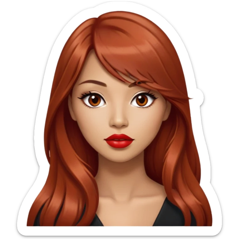 gorgeous woman, light tan skin, very long auburn hair, side bangs, black eyes, lipstick, model, latina, asian, mixed sticker