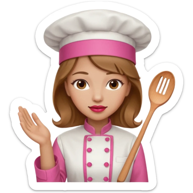 Girl in pink chef outfit, light brown hair, light skin, red lipstick sticker