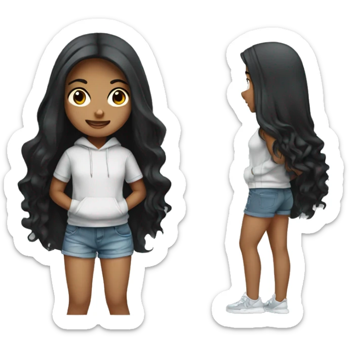 light tan girl with long black hair wearing hoodie and shorts sticker