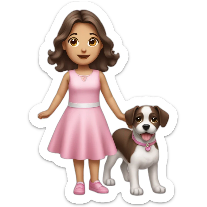 girl brunette with small white dog in pink dress sticker
