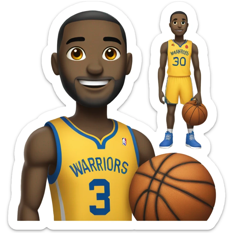 A basketball player with a blue and yellow jersey that says warriors and has the number 30 on it standing by a Lamborghini  sticker