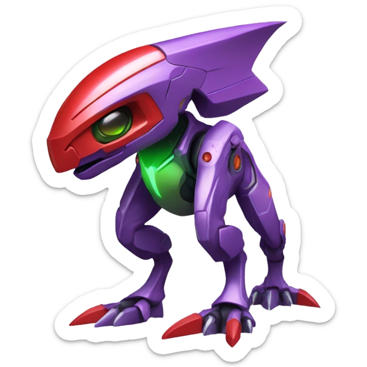 a shiny purple-green-red Genesect-Raptor-Fakémon—hybrid with a futuristic visor-helmet full body sticker