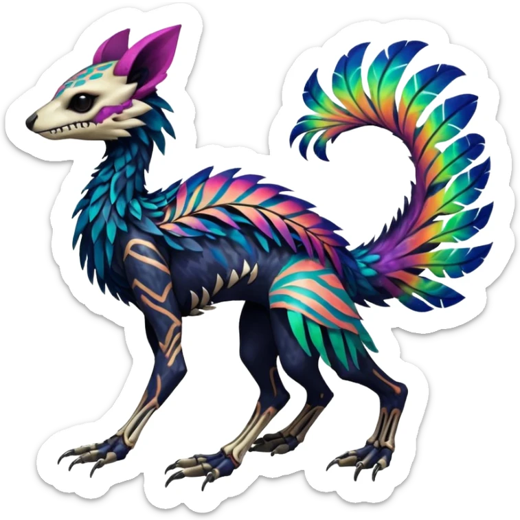 Rare colorful gradients colored realistic dark edgy glossy shiny tropical tribal patterned feathery skeletal badass epic pretty beautiful handsome gorgeous aesthetic colorful vibrant Vernid-Trico-species-Fakemon-creature by LiLaiRa, 4 legs, 1 tail, random markings, (full body) sticker