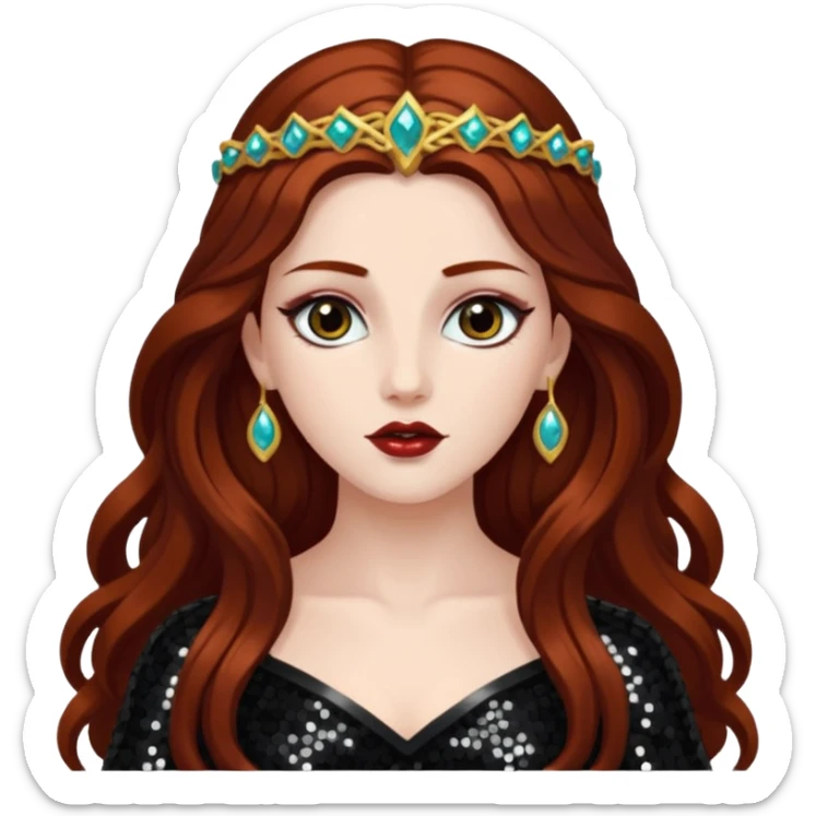 Persephone, Goddess of Death from Gods and Goddesses with long dark auburn hair, black sequin outfit sticker