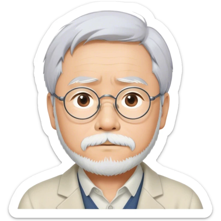 Cinematic Realistic Hayao Miyazaki Portrait Emoji, depicted as a visionary filmmaker with a gentle imaginative expression and artistic flair, rendered with delicate textures and soft enchanting lighting that captures his legendary storytelling. sticker