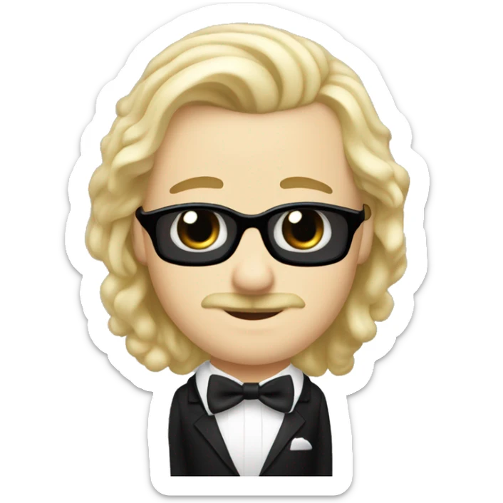White man long blonde hair wearing a black tuxedo with white bow tie small moustache sticker