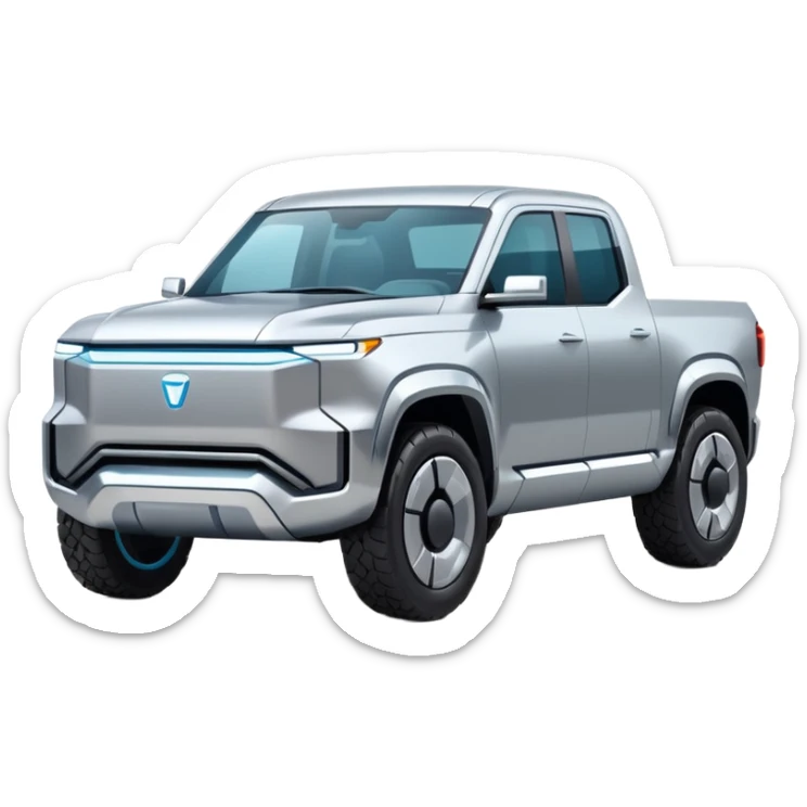 A futuristic electric pickup truck emoji, silver chrome body, angular cyber design, smooth metallic panels, subtle reflections, minimalistic proportions, iOS emoji style, centered composition, clean white background, soft lighting sticker